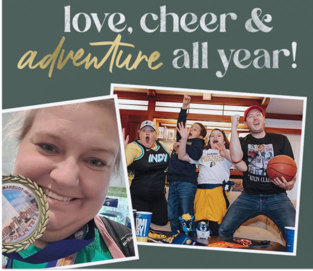 Part of our family holiday card with two photos - me with my medal from puzzle event and my family posing as Pacers fans